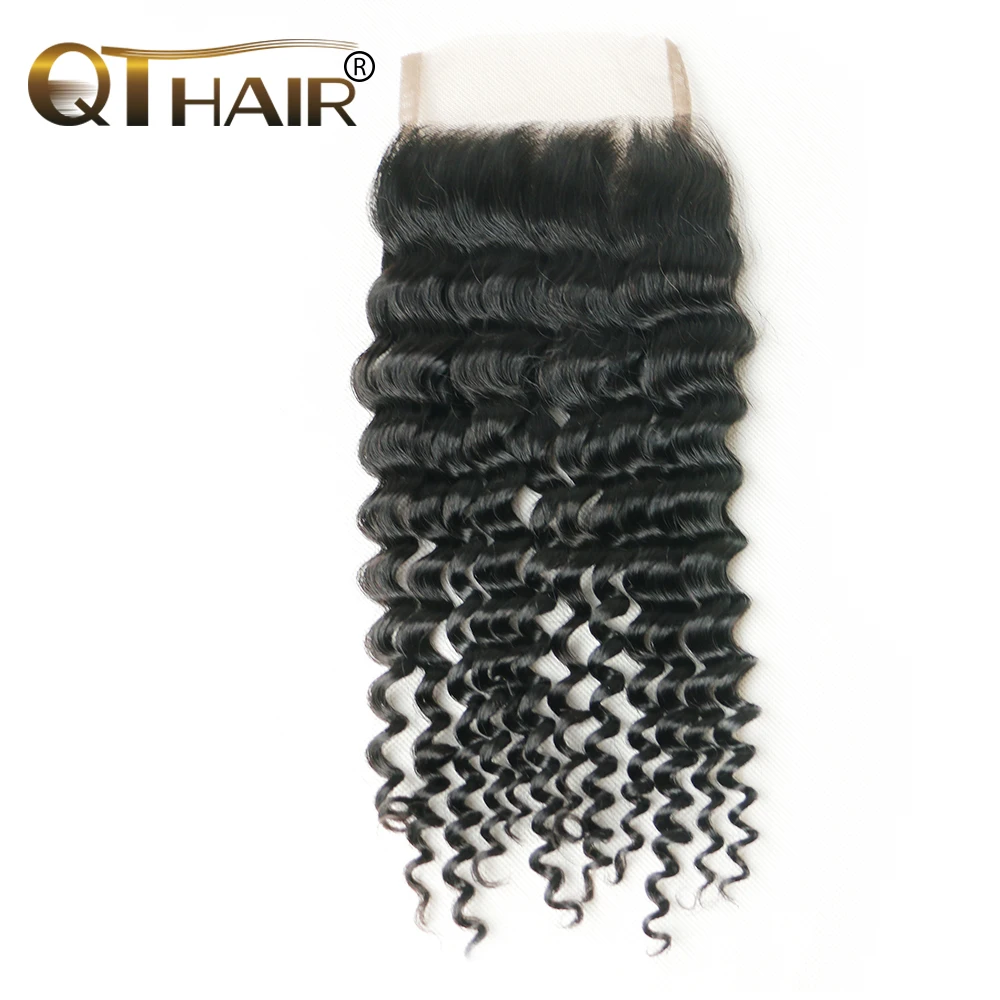 Hand Tied Swiss Lace 4X4 Deep Wave Lace Closure Brazilian Hair Can Be