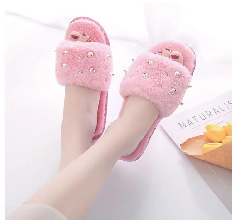 Winter New Pearl Fur Slippers Women's Velvet Slippers Floor Tow Slippers Woman Slippers Women Sapato Feminino M8G41 (9)