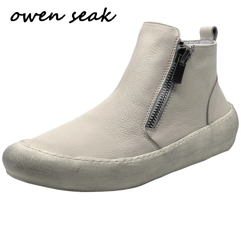 

New Men Casual Boots Cow Leather High-TOP Ankle Boots Luxury Trainers Spring Zip Flats White Black Shoes Sneakers