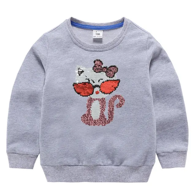 Double Sided Sequin Flash Glitter T-Shirts For Girls Sequins T Shirt Girls Cartoon Cat Kids Tshirt Summer Teen Clothes For Girls gray