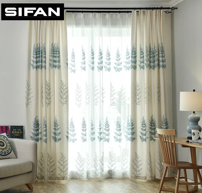Pine leaves embroidered Simple Window Linen Curtains for Bedroom Living Room Sheer Voile Drapes Custom Made | Дом и сад