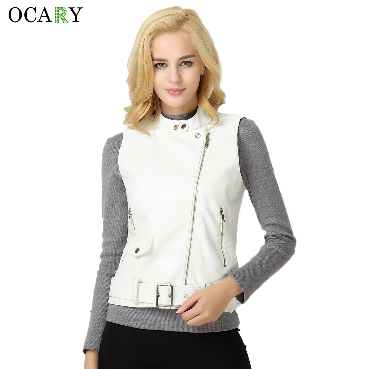 OCARY Zipper Motorcycle Coat Fashion Women Sleeveless Jackets Autumn