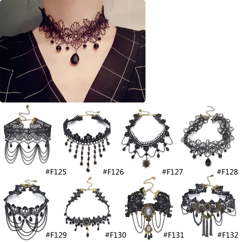 

Gothic Victorian Steampunk Style Retro Hollow Flower Crystal Tassel Pendant Women Black Lace Chocker Collar Necklace
