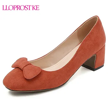 

Lloprost ke Plus size 33-43 high quality flock women pumps bowtie square toe thick heels party wedding shoes woman footwear D919