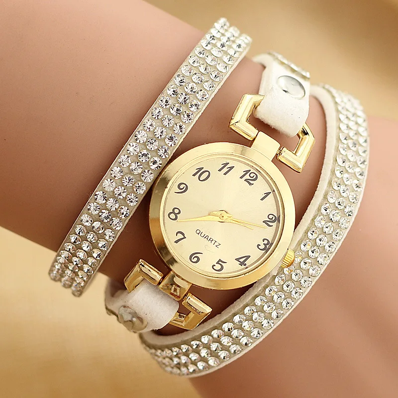 Women Quartz Watches Leather Strap Rhinestones Ladies Elegant Wristwatches relojes mujer Bangle