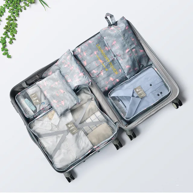 XYLOBHDG New High capacity 7pcs/set Travel Suitcase Organizer Bag Women Men Clothes Partition Arrange Storage Luggage Bags - Цвет: Gray flamingo