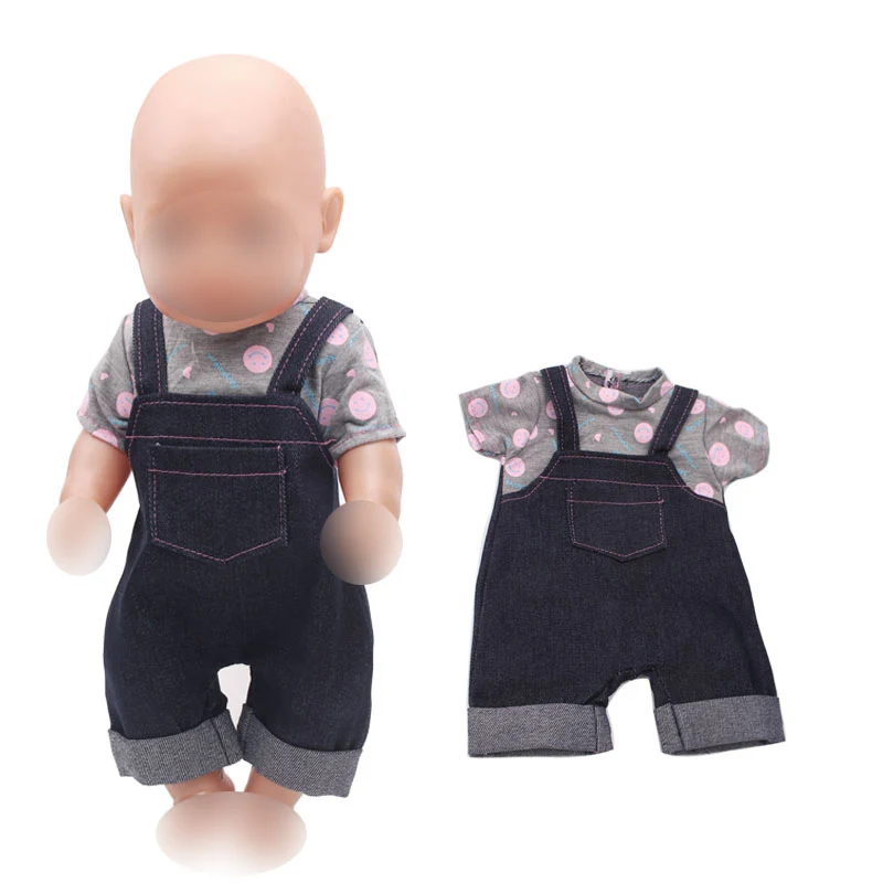 

43 cm baby dolls clothes newborn black jean overalls+gray print T-shirt Baby toys fit American 18 inch Girls doll a2