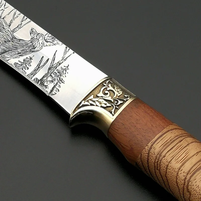 DuoClang 440c стальной Походный нож для выживания палисандр+ Зебра дерево+ латунная головка ручка охотничьи ножи с фиксированным лезвием