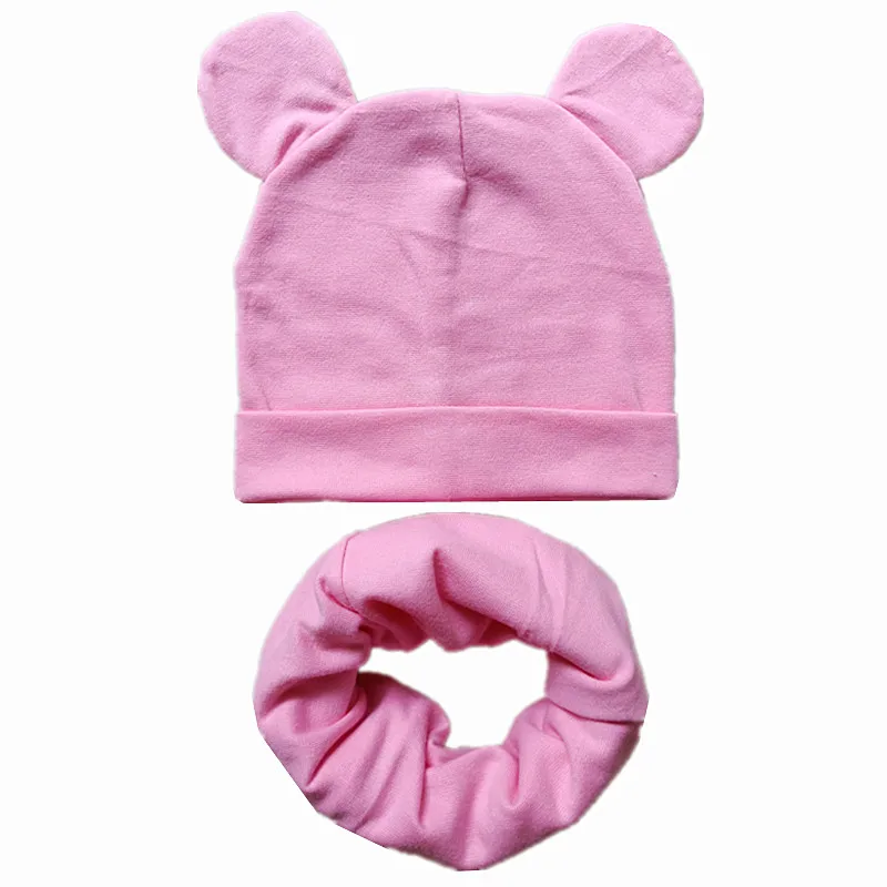 Однотонная хлопковая шапка для мальчиков и девочек; мягкая теплая детская шапка с милыми ушками; весенне-Осенняя детская шапка; Skullies Beanies; аксессуары - Цвет: pink set