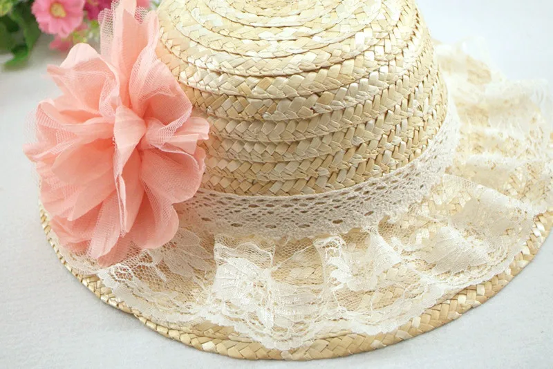 Новое поступление летняя детская Кружево лук цветы соломенная шляпа для маленьких девочек пляжные Шапки шляпа от солнца 10 шт./партия