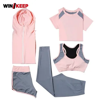 

2019 Running Set Sport Jacket+Tights Pants+Short+Yoga Shirt+Sports Bras 5 Pieces Yoga Sports Wear Tracksuit Fitness Gym Clothing