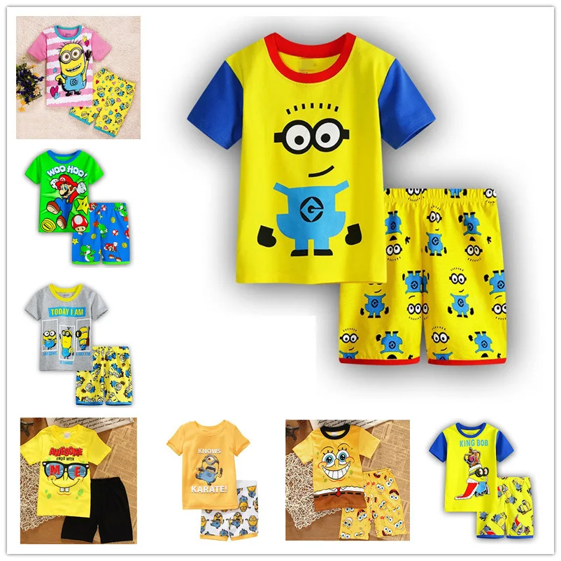 

Baby Pajamas Kids Boys Girls Clothes Sleeved Set Minions Children's Sleepwear 2019 Summer Short Top With Pants For Girl