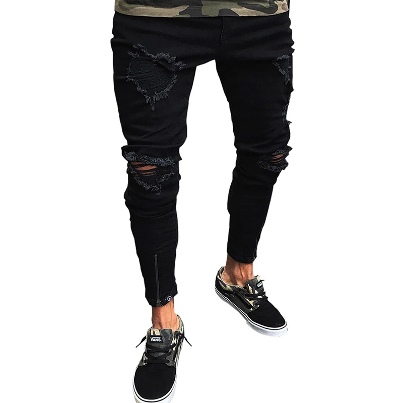 

New Men Shredded Hole Jeans Man Skinny Pants Knee Ripped Hole Destroyed Distressed Pencil Pants Stretchy Jeans Trousers