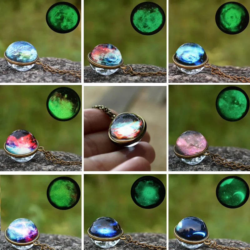 

2019 New Nebula Galaxy Double Sided Pendant Necklace Universe Planet Jewelry Glass Glow in the Dark Handmade Statement Necklace