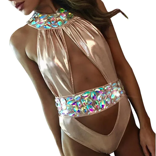 Women High Waist Swimsuit Drilling Swimwear Rhinestone Biquini