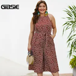 GIBSIE Boho Цветочный Принт без рукавов широкие брюки комбинезоны Для женщин летние Повседневное карман элегантный плюс размер комбинезона Для