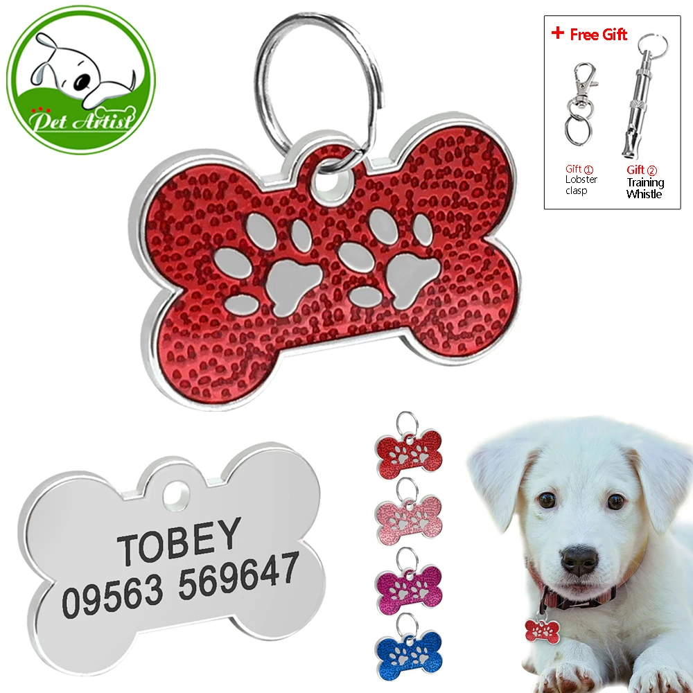 

Customized Engraved Dog Cat ID Tag Personalized Bone Shape Paw Pet NamePlate Puppy Dogs Name Phone No. Tags Free Whistle