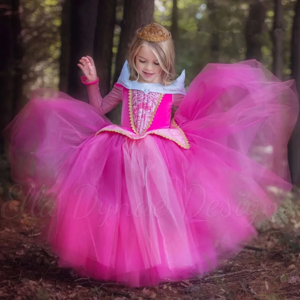 Розовое платье принцессы Авроры для девочек, детское летнее карнавальное платье Спящей красавицы, карнавальный костюм Эльзы, вечерние платья принцессы