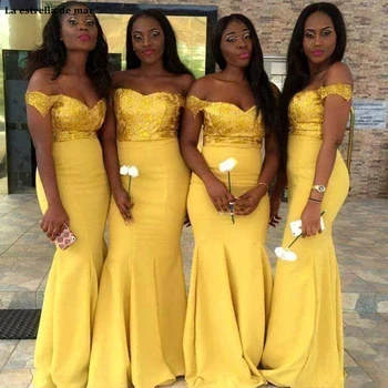 

Cheap Africa Yellow Chiffon Bridesmaids Dresses Floor Length Mermaid Top Gold Sequin Sleeveless Off Shoulder Sexy Wedding Guest