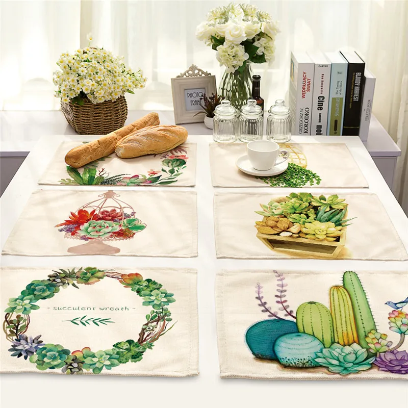 

1Pcs Succulent Plants Pattern Placemat Coaster Dining Table Mat Cotton Linen Bowl Cup Mat kitchen Pads 42*32cm Home Decor MP0002
