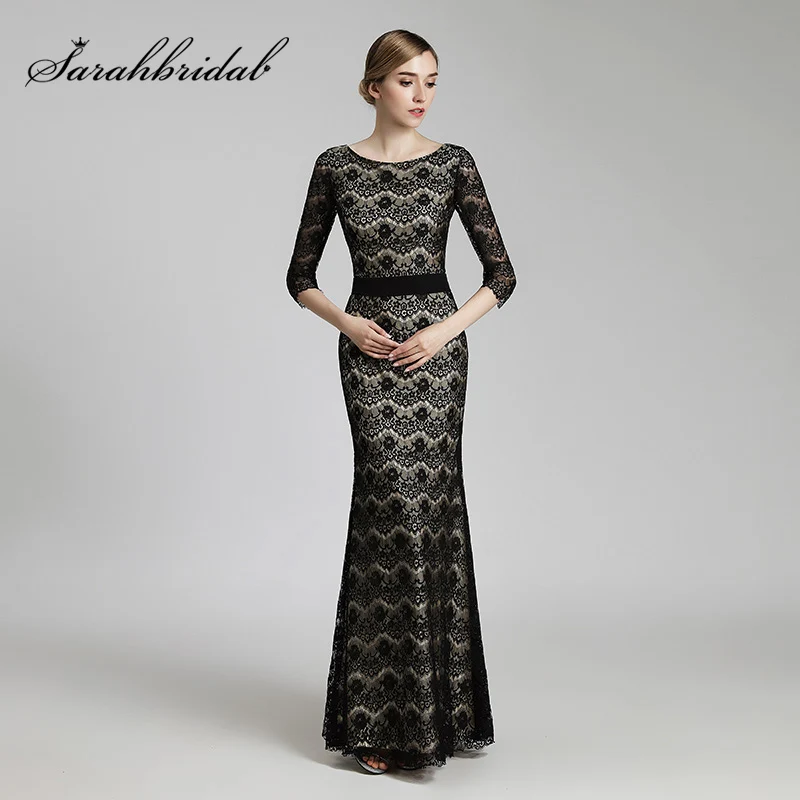 Vintage Lace Pattern Black Trumpet Evening Dresses with