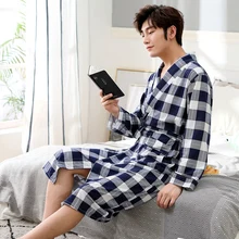 2019 New Spring Autumn Bathrobe Men Plaid Cotton Sleep Robe Long Sleeve Male Comfortable Casual Home Clothing Sleepwear Nighties