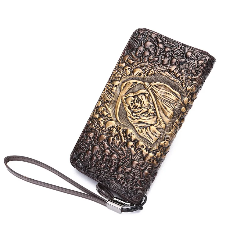 

Men Women Long Wallet Cash Credit Card Holder Coin Purse Pocket Skull Pattern Vintage Genuine Leather Cowhide Clutch Money Bag