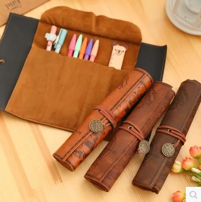Настоящая винтажная кожаная сумочка для ручек и карандашей чехол в стиле ретро с картой сокровища, подарок студентам, косметические принадлежности