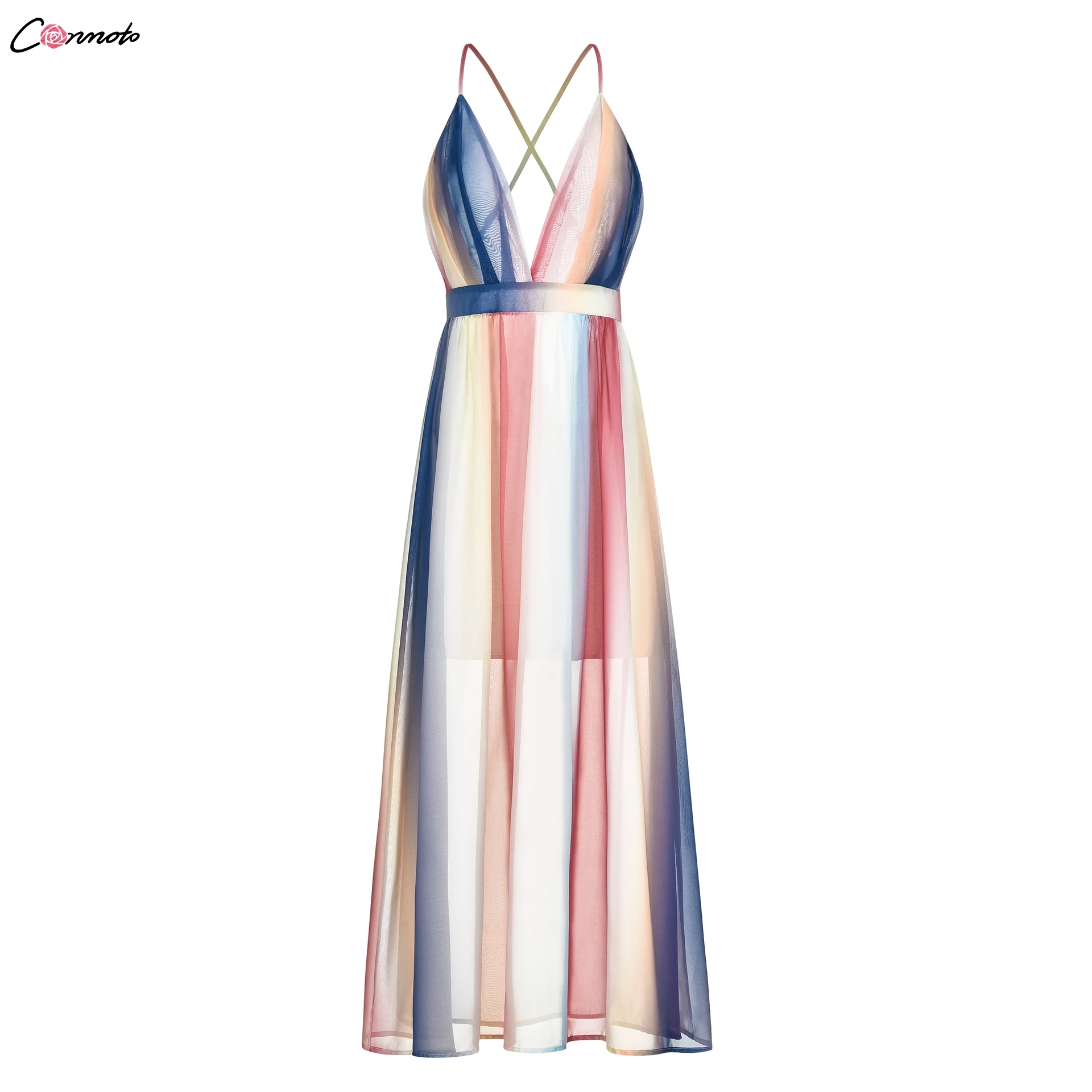 

Conmoto Sexy Stripe Contrast Color Long Dress Women 2019 Summer Fashion Party Dress Backless Strap Chiffon Dress Plus Size