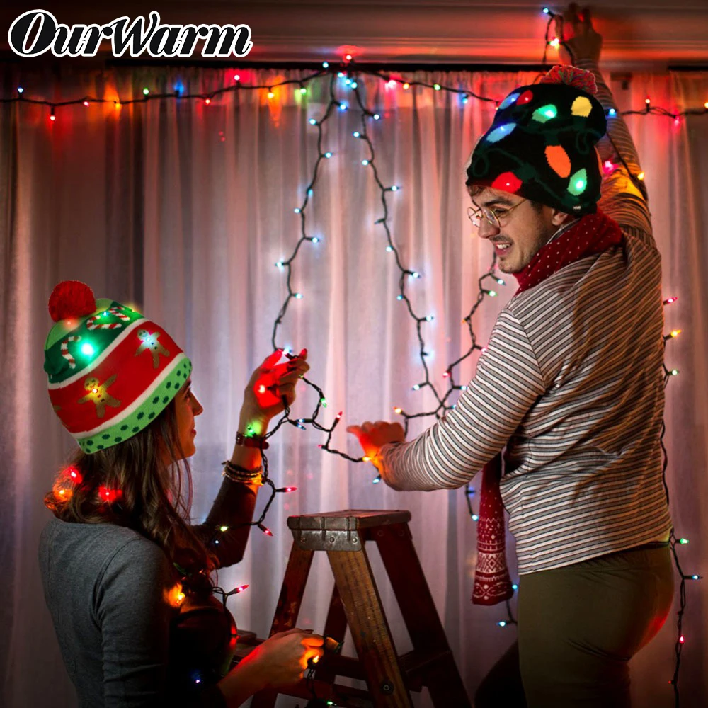 Теплый светодиодный светильник для рождественской елки, вязаная шапка для детей и взрослых, Уродливый Рождественский свитер, Новогодняя шапочка