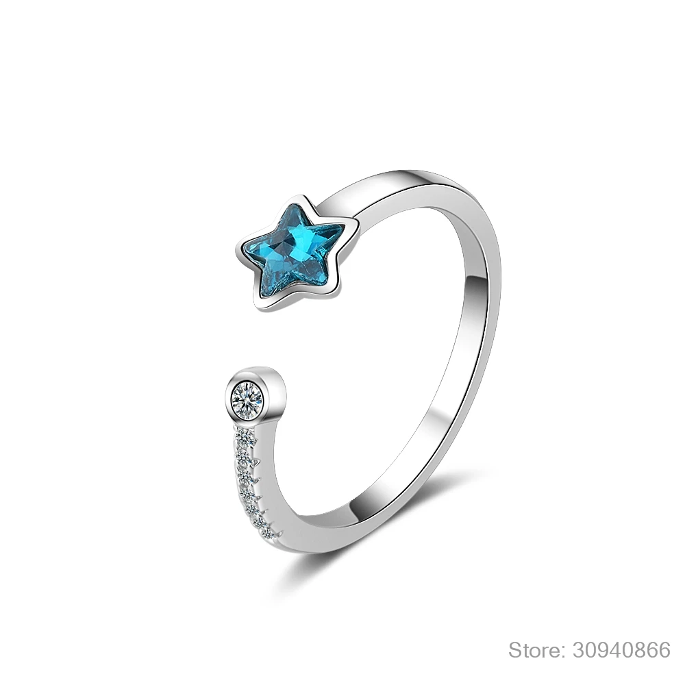 Кольцо с голубыми кристаллами и звездами для женщин и девушек, подарок 925 пробы, серебряное кольцо с микроцирконием, anillos anel S-R368