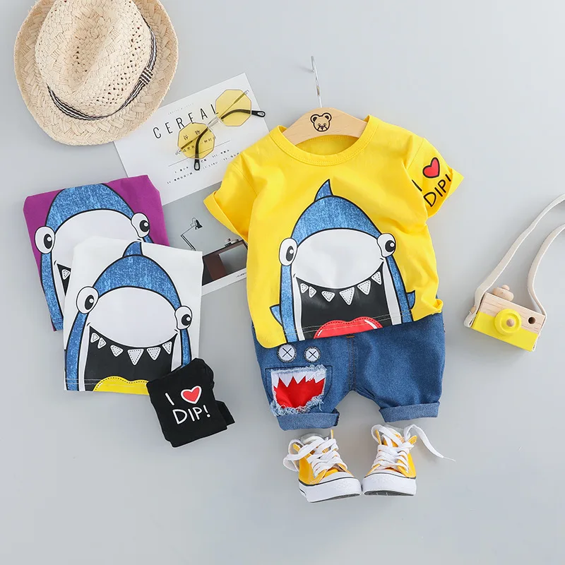 Синий комплект одежды для маленьких мальчиков с акулой, лето г. Новые Модные хлопковые комплекты одежды для мальчиков, рубашки+ брюки, детская одежда для мальчиков