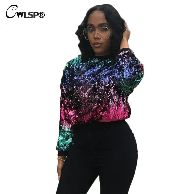 

CWLSP Bling Sequins Women Hoodies Full sleeve O neck pullovers Casual femme sweatshirt for women jersey mujer invierno QZ2512