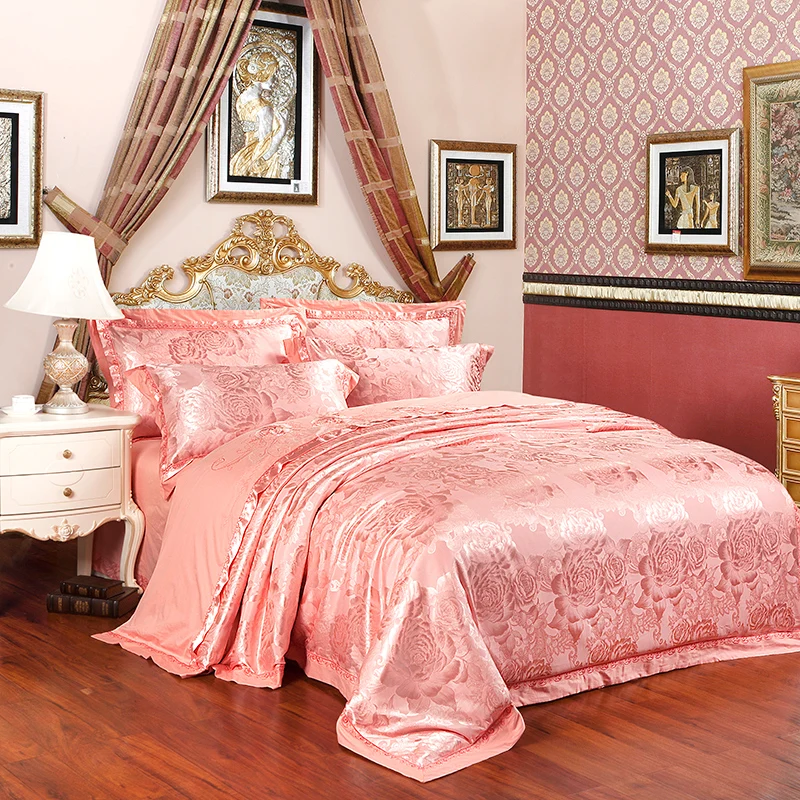 

2018 Noble Flowers Light Pink Bedlinens Silk Cotton Blend Bedding Set Jacquard Queen King Duvet Cover Set Sheet Pillowcases