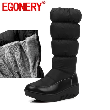 

EGONERY Super warm fashion snow boots woman winter footwear outside mid calf heels shoes ladies platform heels zipper shoes