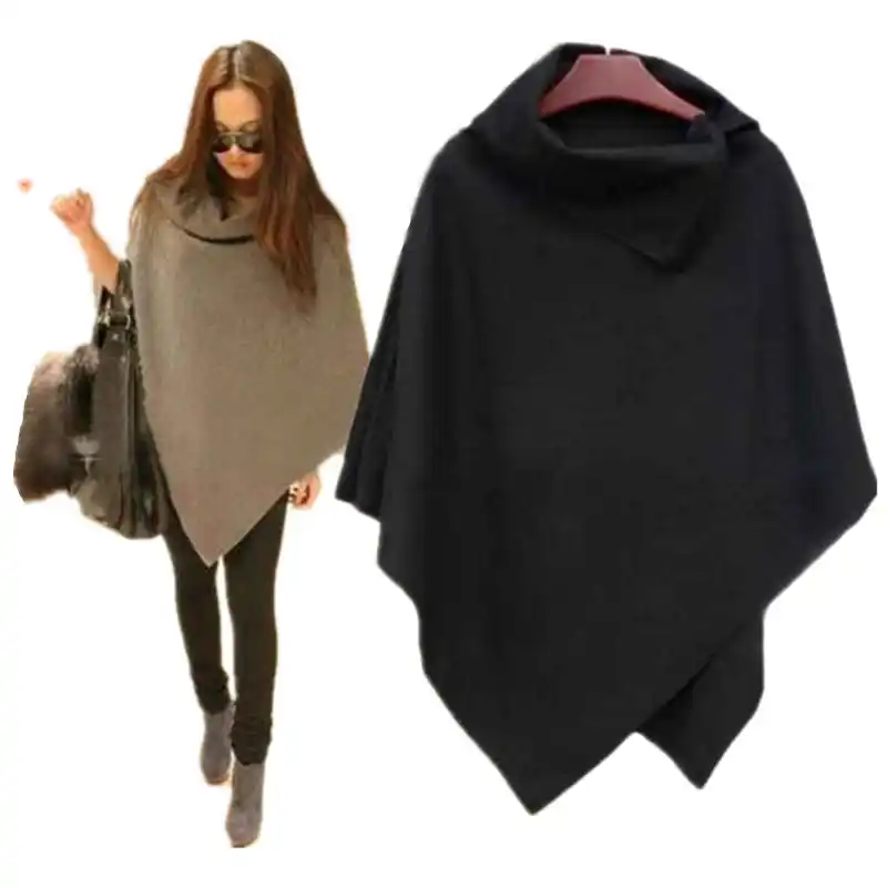 Новинка 2018, женское Свободное длинное пончо с рукавами «летучая мышь», накидка с асимметричным подолом, Однотонное шерстяное пальто большо...