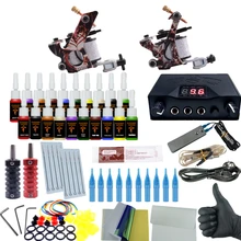 Два тату-машины, завершенная татуировка, набор 20 цветов, набор чернил, блок питания, профессиональные товары для рукоделия, иглы, набор наконечников