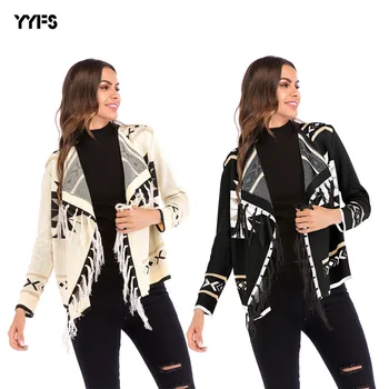 

2018 Fashion Autumn Women Coat Fringe Shawl Tassel Outerwear Long Sleeve Knitted Cardigan Girls Patchwork Geometric Loose Lady