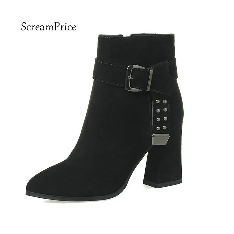 

Woman Pointed Toe Hoof High Heel Suede Ankle Boots Fashion Buckle Zipper Ladies Boots Black Amry Green