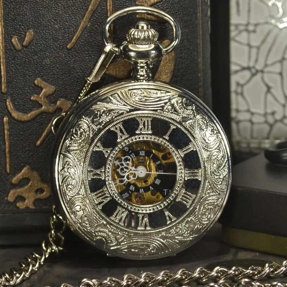 

TIEDAN Mechanical Pocket Watch Men Steampunk Luxury Fashion Antique Chain Necklace Romen Numerals Skeleton Pocket Fob Watches