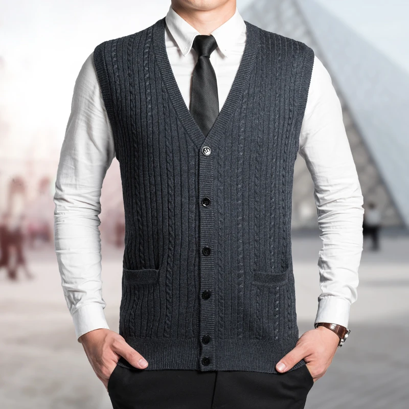Высококачественный модный мужской свитер с v-образным вырезом, кардиган с пуговицами и карманами