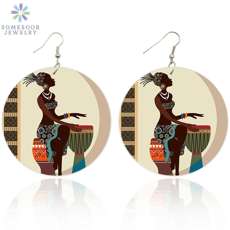 

SOMESOOR Both Sides Printing African Ethnic Artistic Wooden Drop Earrings Afro Natural Hair Tribal Dangle Jewelry For Women Gift