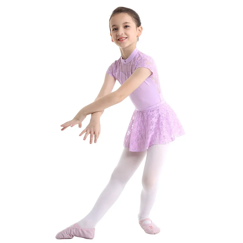 Детская одежда для девочек с короткими рукавами, с ложным вырезом, с цветочным кружевом, с вырезами на спине, для балета, танцев, гимнастики, трико с кружевной юбкой, комплект одежды
