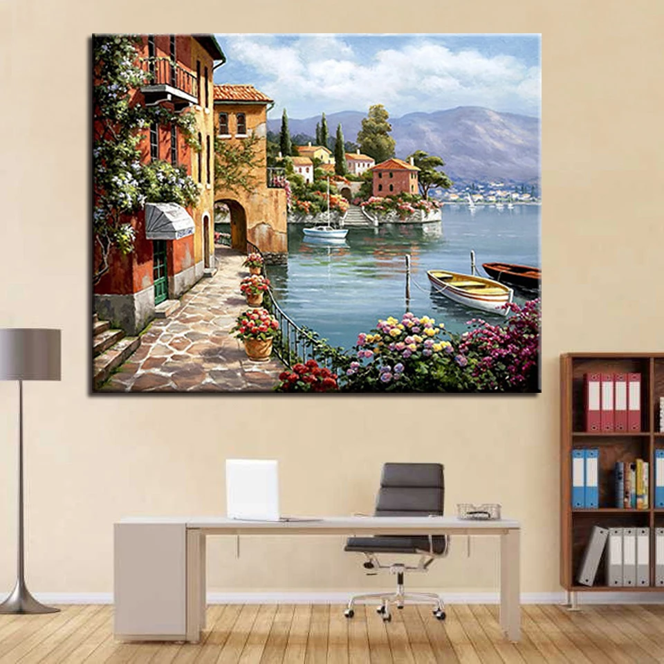 

Framework DIY By Numbers Oil Painting Drawing Lakeside Small Town Scenery Coloring Pictures Canvas Calligraphy For Living Room