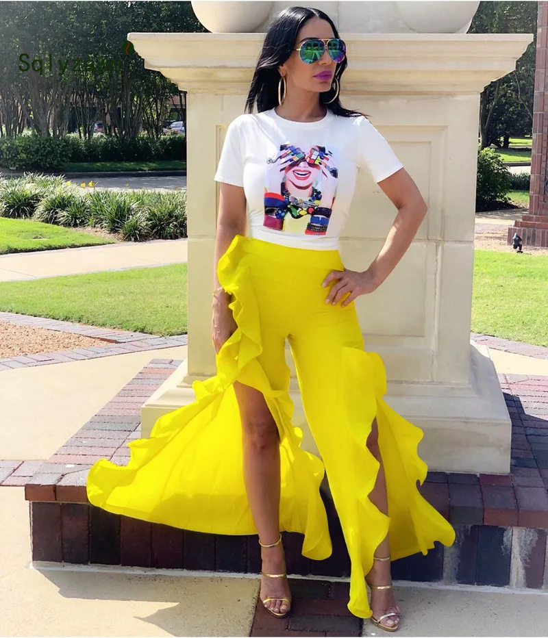 

Casual T-shirt Trouser Women Two Piece Set Short Sleeve T-shirts + Ruffles High Waist Wide Leg Chiffon Pants Suits 2019 Summer