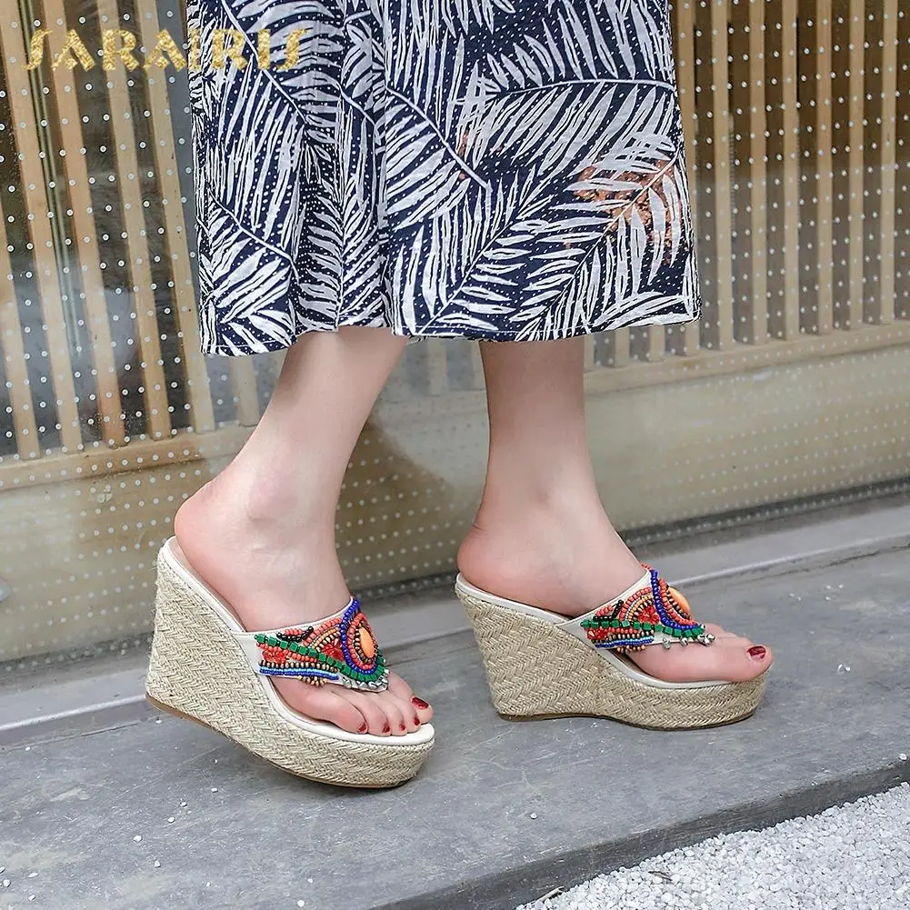 

Sarairis Hot Sale Genuine Cow Leather 2019 Platform Wedge Heels Summer Shoes Woman Pumps Slip On Mules Pumps Lady Shoes