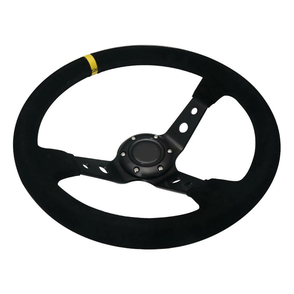 

14" inch Racing Car Steering Wheel Deep Corn Dish 350mm Leather Suede Yellow Strip Steering Wheel With Black Spoke