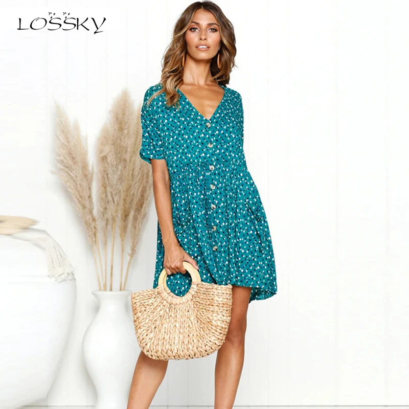 

LOSSKY Summer Dress Polka Dot Print Women 2019 Deep V Neck A Line Casual Elegant Mini Dress Ladies Boho Pockets Beach Vestidos