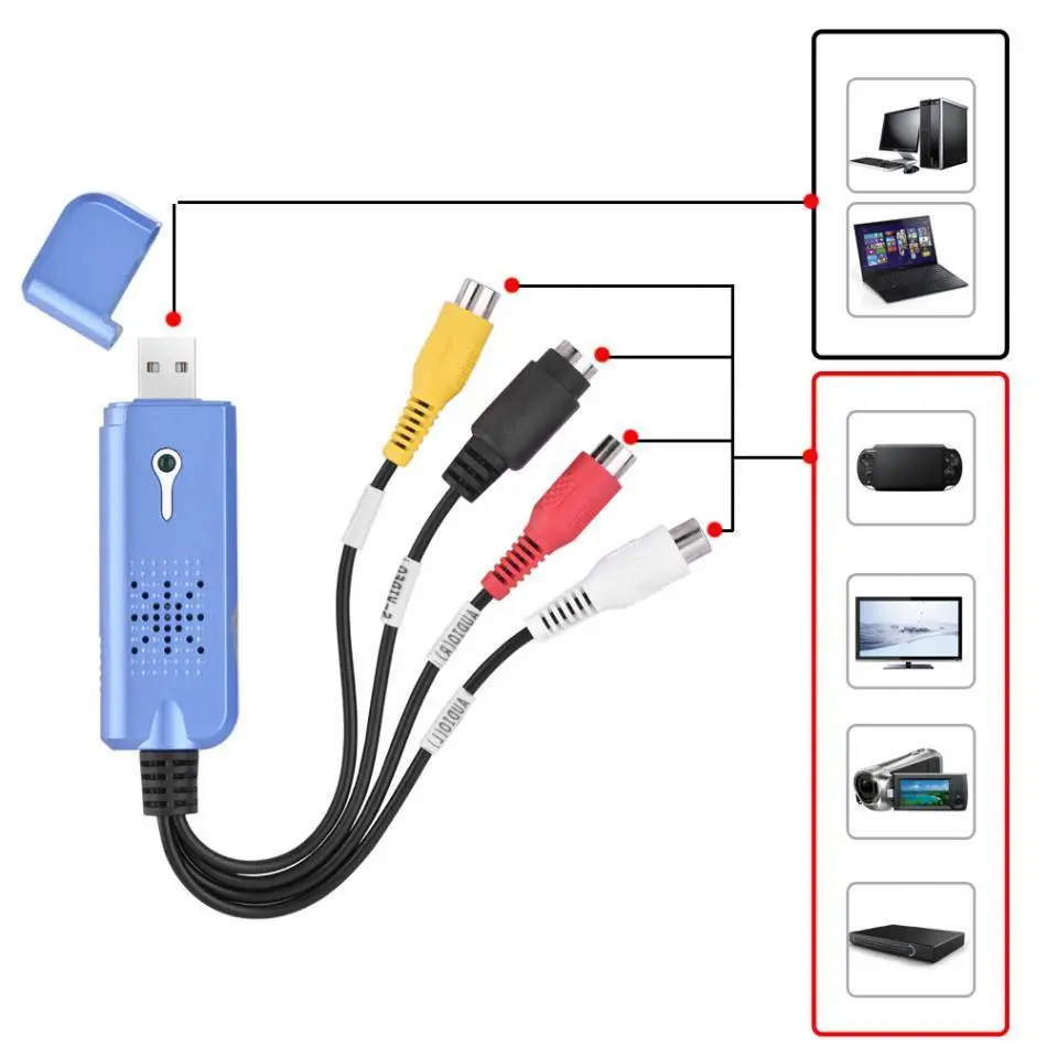 Портативный USB 2,0 Easycap Видео Аудио захвата карты адаптер VHS DC60 DVD конвертер Композитный RCA Синий
