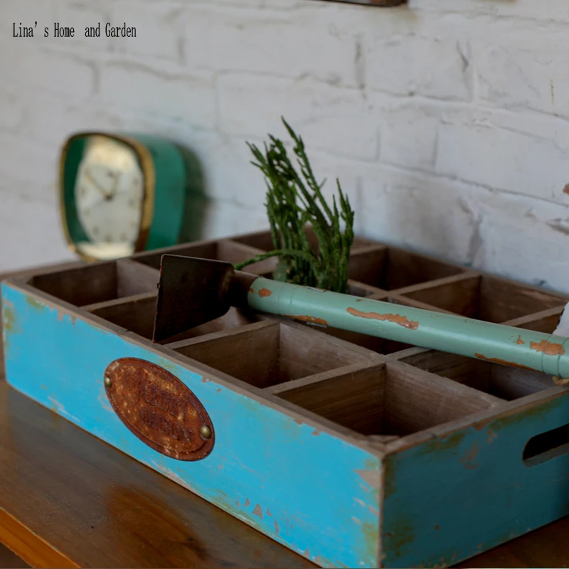 chic blue 12 equal dividers vintage solid handmade wooden crates rustic (4)